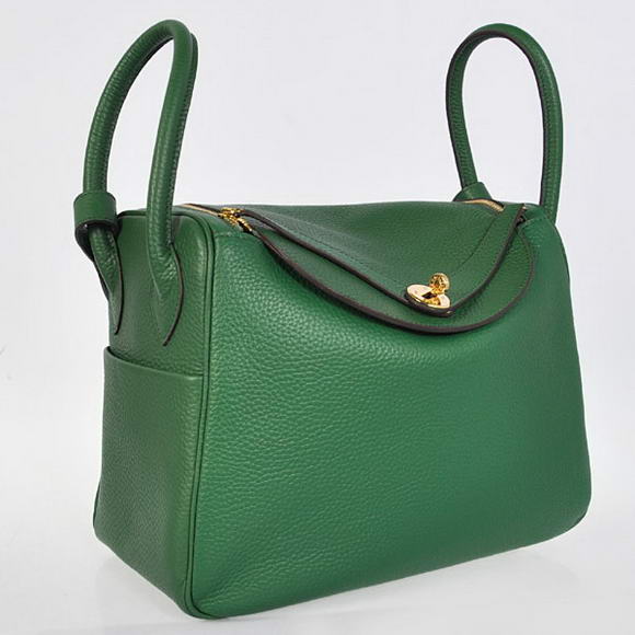 High Quality Replica Hermes Lindy 30CM Havanne Handbags 1057 Dark Green Leather Golden Hardware - Click Image to Close